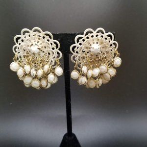 Hong Kong Vintage White Enamel Filigree Cha Cha Dangle Clip-on Earrings